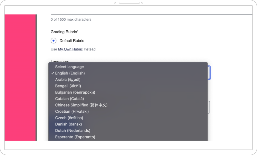 AI grading user interface showing over 50+ foreign languages it supports